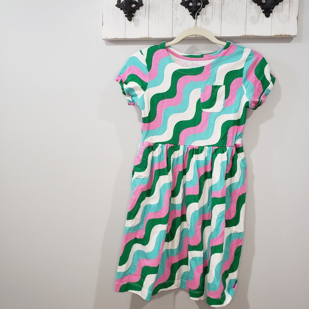 Mini Boden Wavy Stripe Pocket Dress Girls 11 12 Pink Green Blue